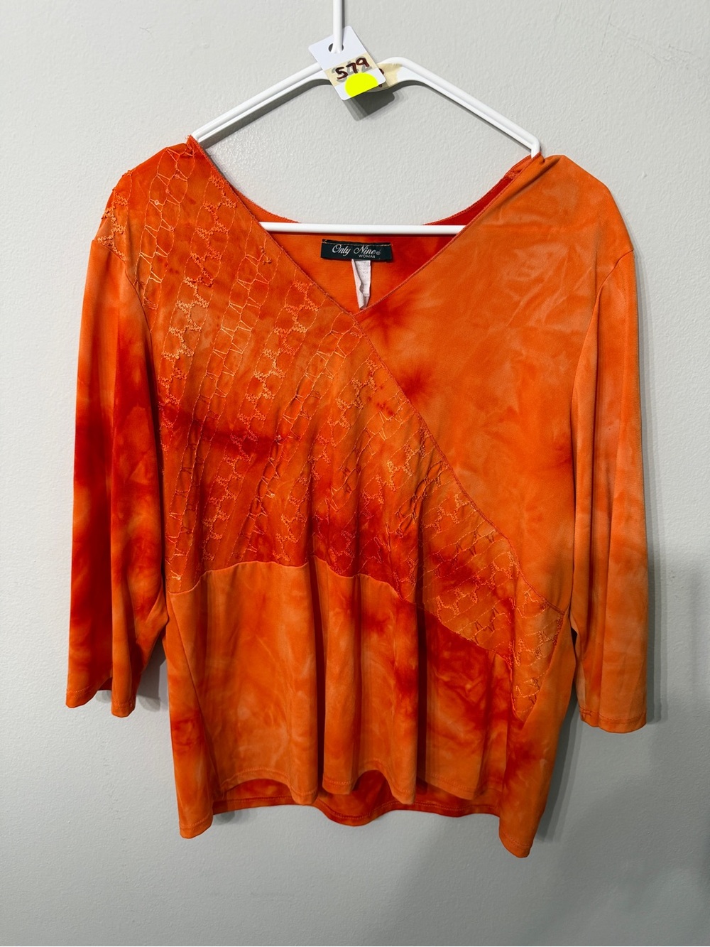 Women’s Only Nine 2X Orange Tie Dye Embroidered V Neck Boho Top Size 2X